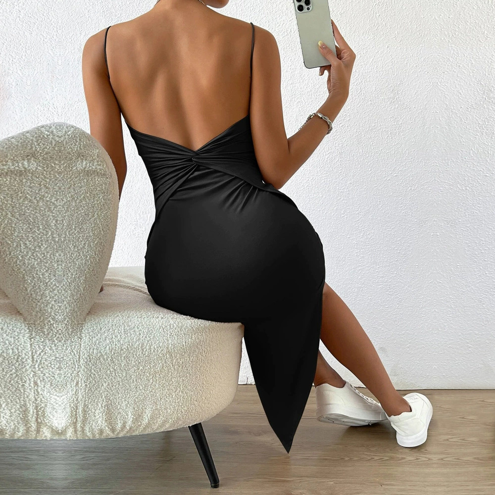 ZARA Spring Sexy Spaghetti Strap Backless Bodycon Slit Mini Dress
